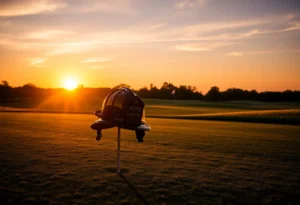 Tribute to a firefighter on a golf course at sunset
