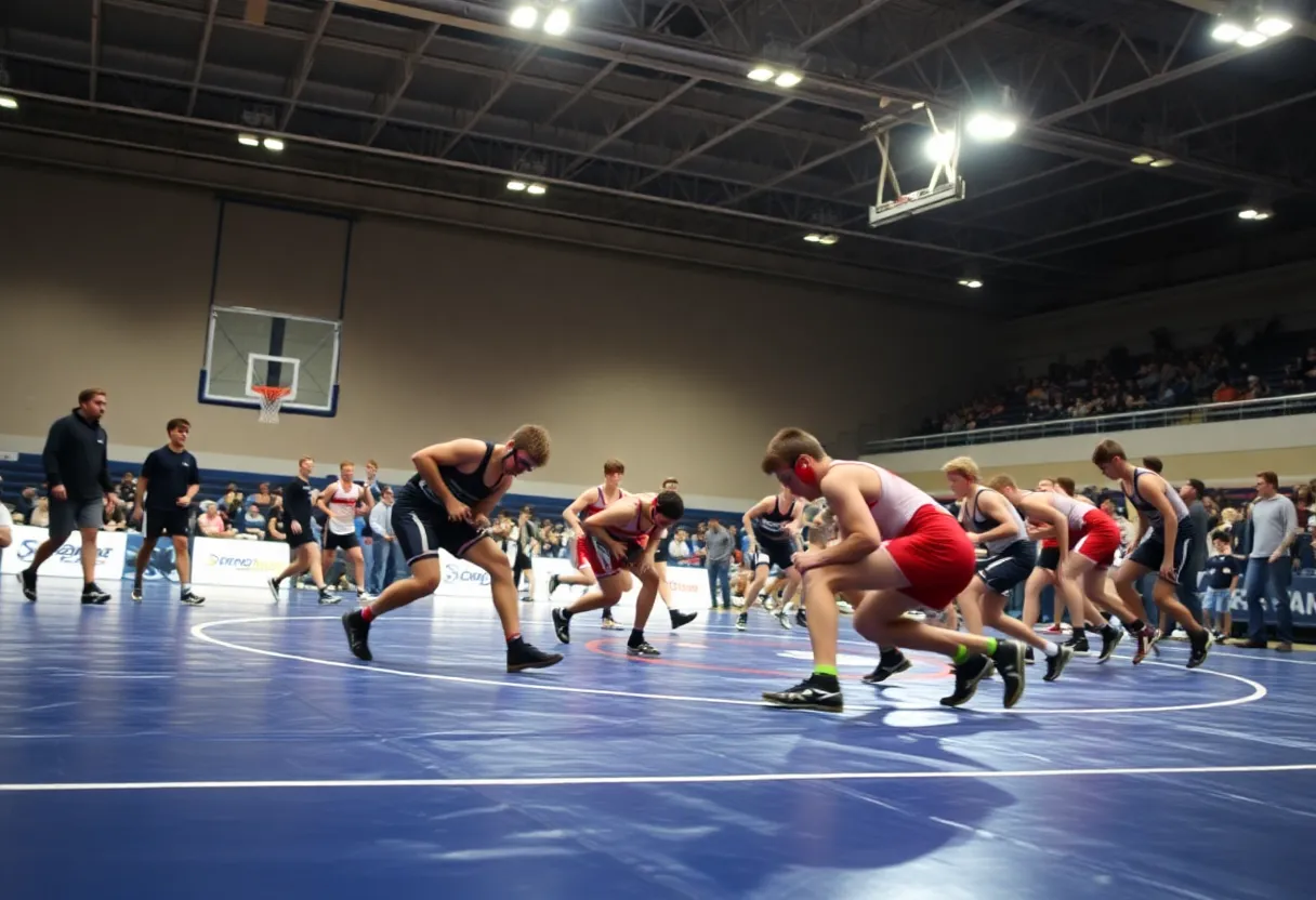 Wrestlers from Carolina Forest High School competing at a tournament.