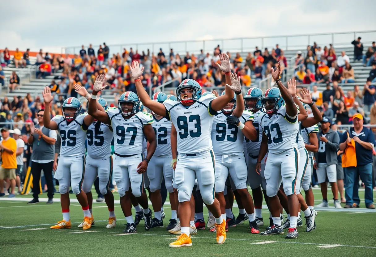 Collegiate football players celebrating on the field