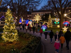 Community park illuminated with festive lights during the Celebration of Lights event in Myrtle Beach.