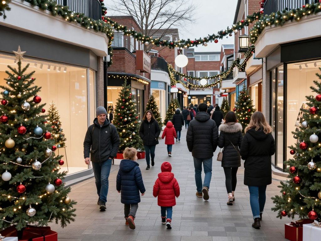 Christmas tree with closed retail stores in the background