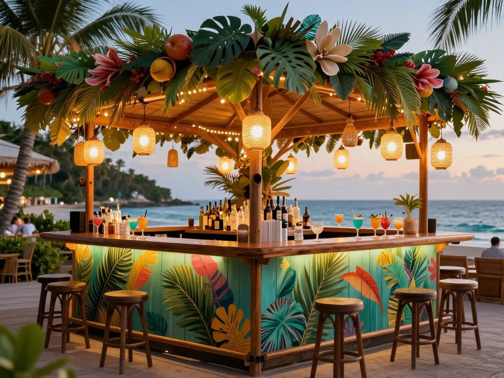 Tropical holiday bar with festive decor and drinks.