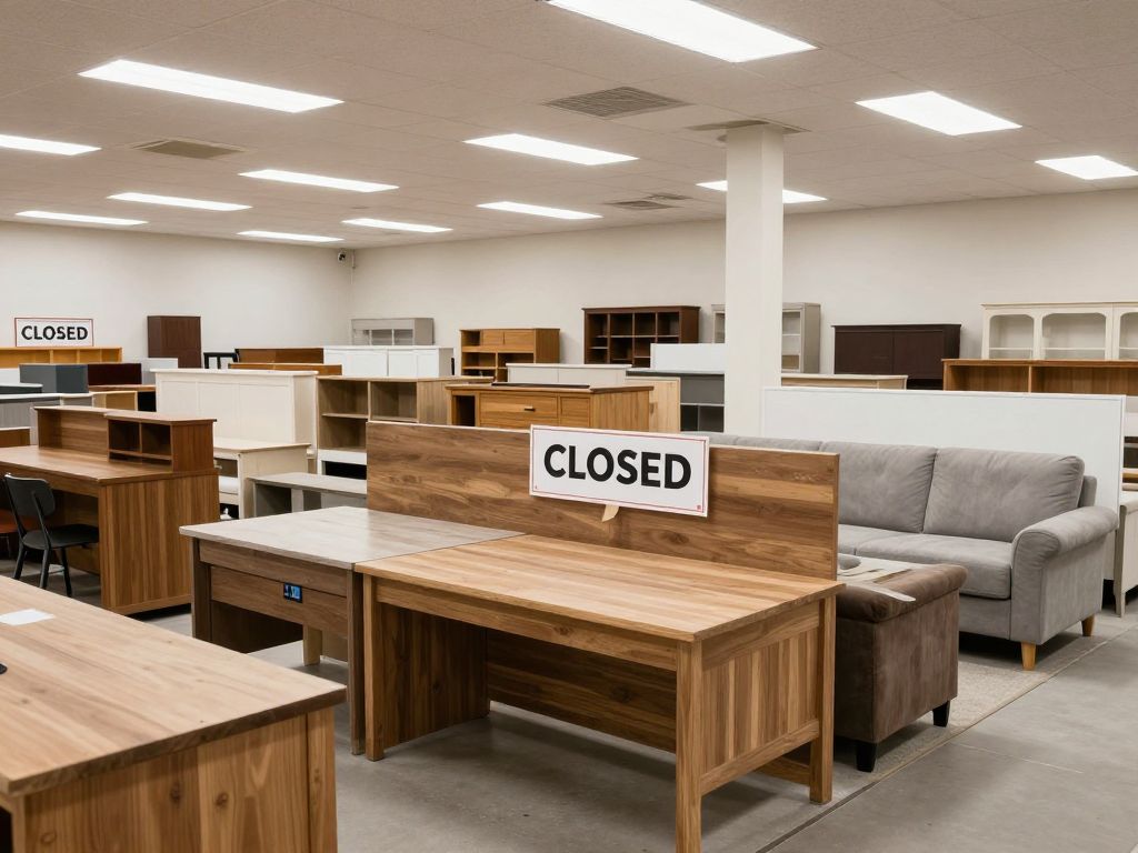 Closed furniture store with empty displays
