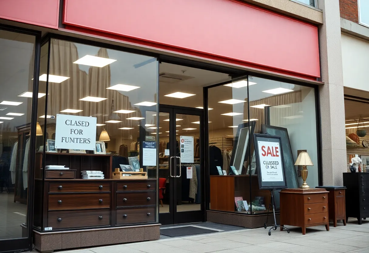 Closed storefront of Orvis in Charleston with sale signs