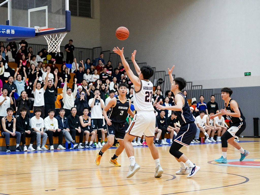 Action shot of a basketball game featuring players from Coastal Carolina University.
