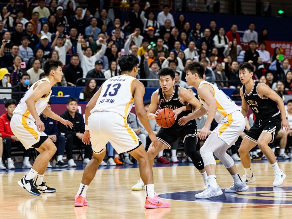 Players celebrating after a basketball game win.