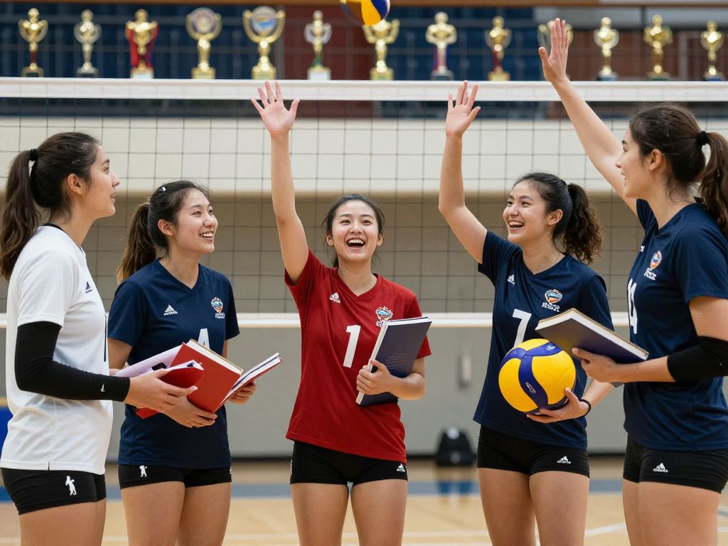 Volleyball players celebrating their academic awards in a collegiate environment