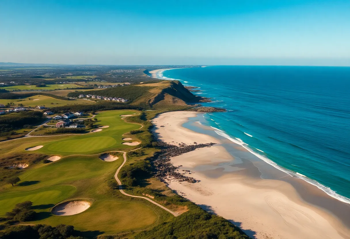 A picturesque view of a coastal golf course by the beach
