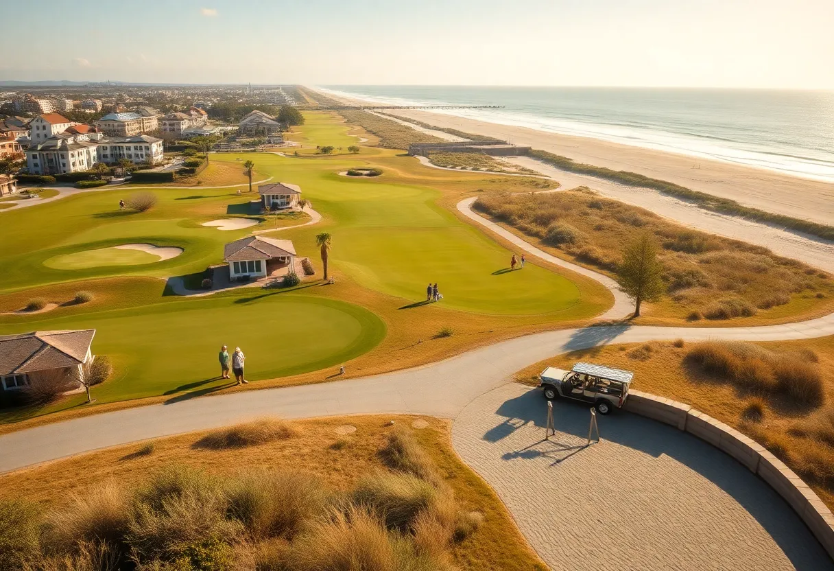 Retired individuals enjoying the beach and golf in a coastal town