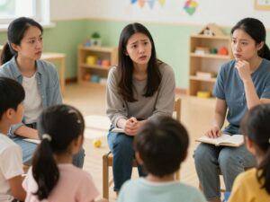 Community gathering discussing daycare safety