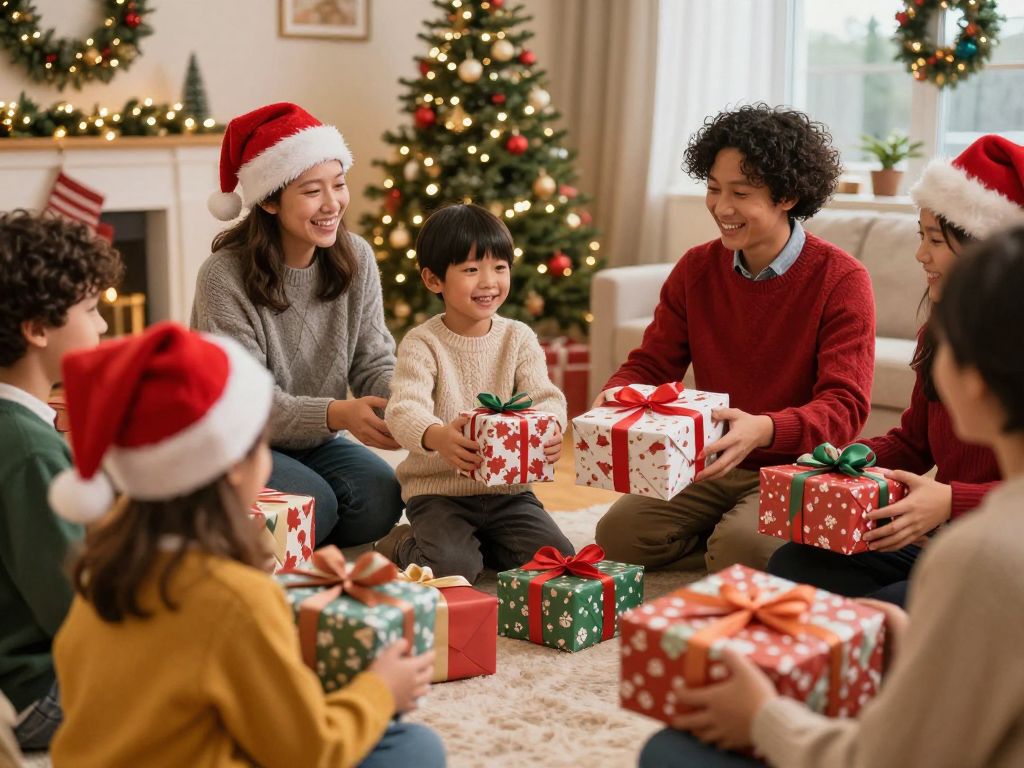Children receiving gifts during a holiday event