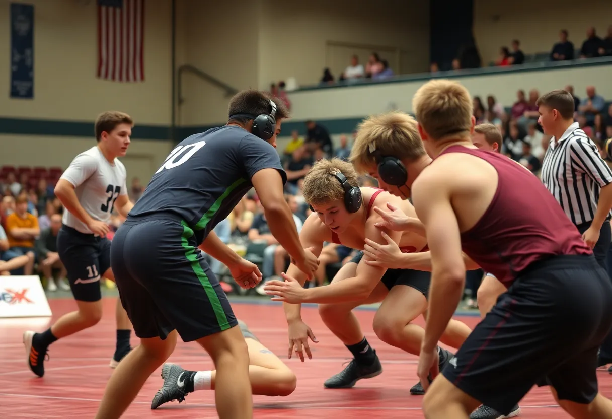 Wrestlers from Conway High School showcasing competition spirit at the mat