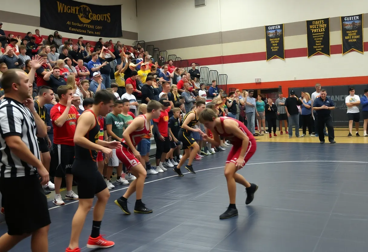 High school wrestlers competing in a match at Conway High School