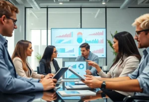 Professionals collaborating and analyzing data for marketing strategies in a modern office.