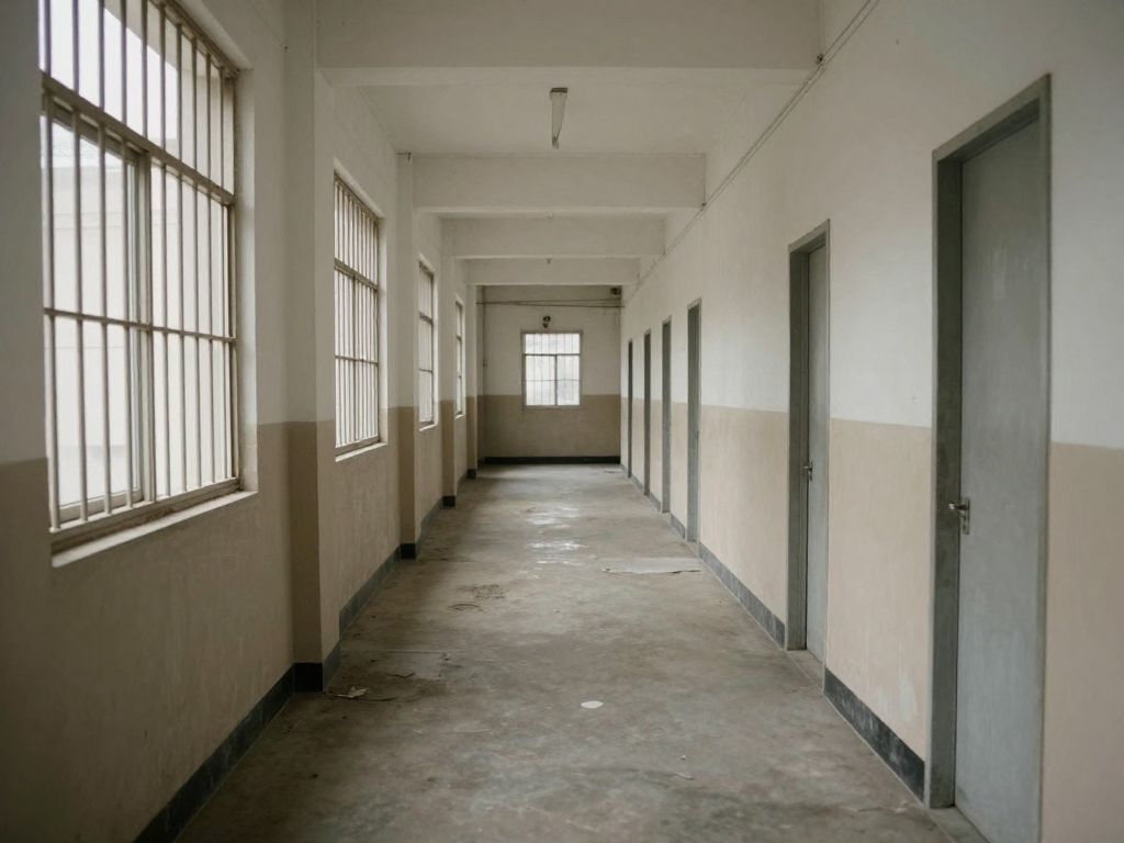 Empty detention center corridor with barred windows