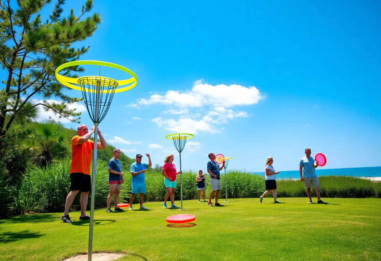 Participants playing disc golf at Myrtle Beach with a sunny backdrop