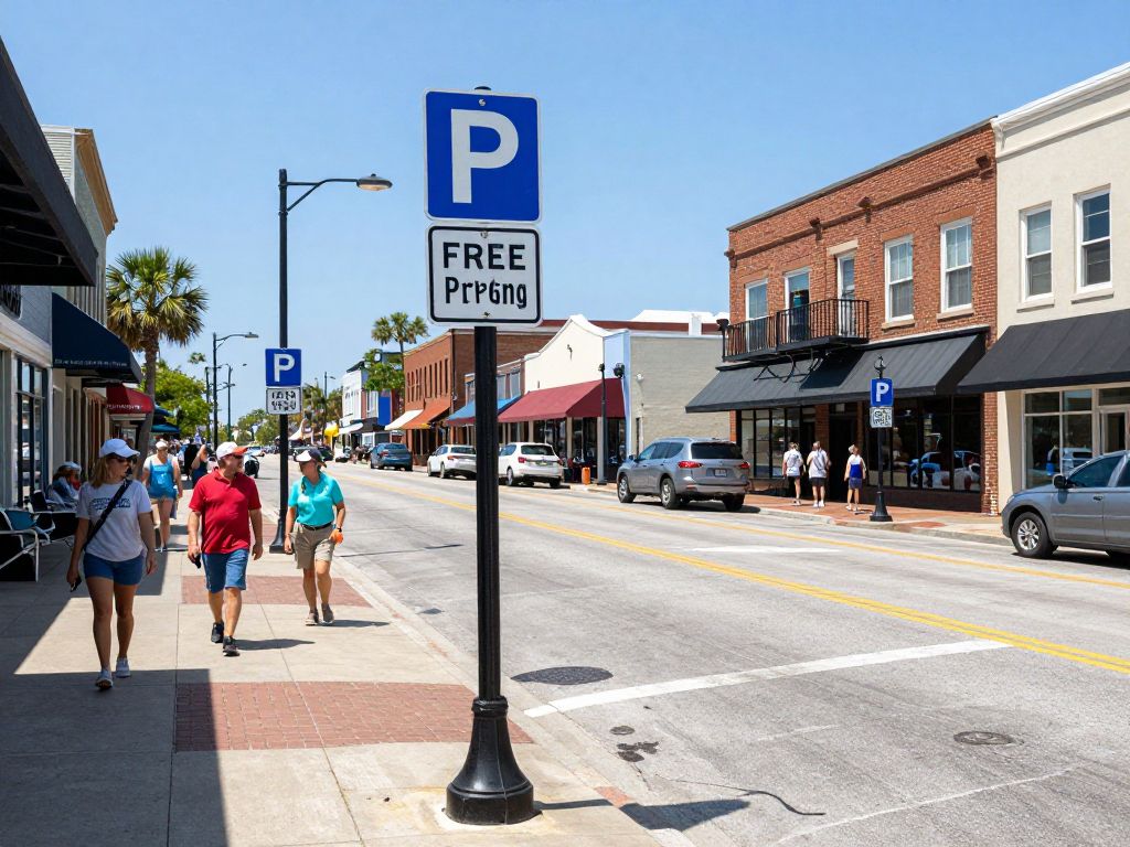 Crowded downtown Myrtle Beach street with free parking signs and local shops