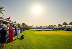 Golf tournament at Dubai Creek Resort with spectators and players