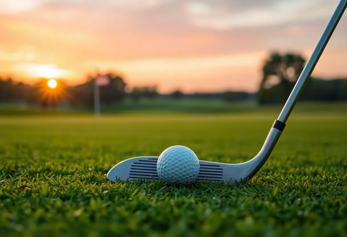 Golf course landscape with club and ball, symbolizing legacy.