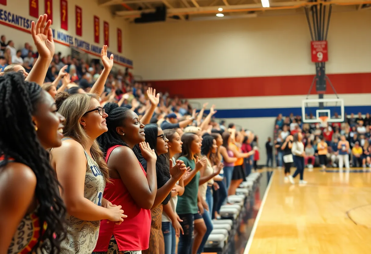 Basketball court crowded with fans during a women's game