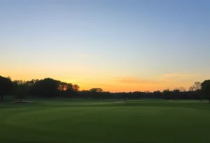 A tranquil landscape of a golf course at sunset.