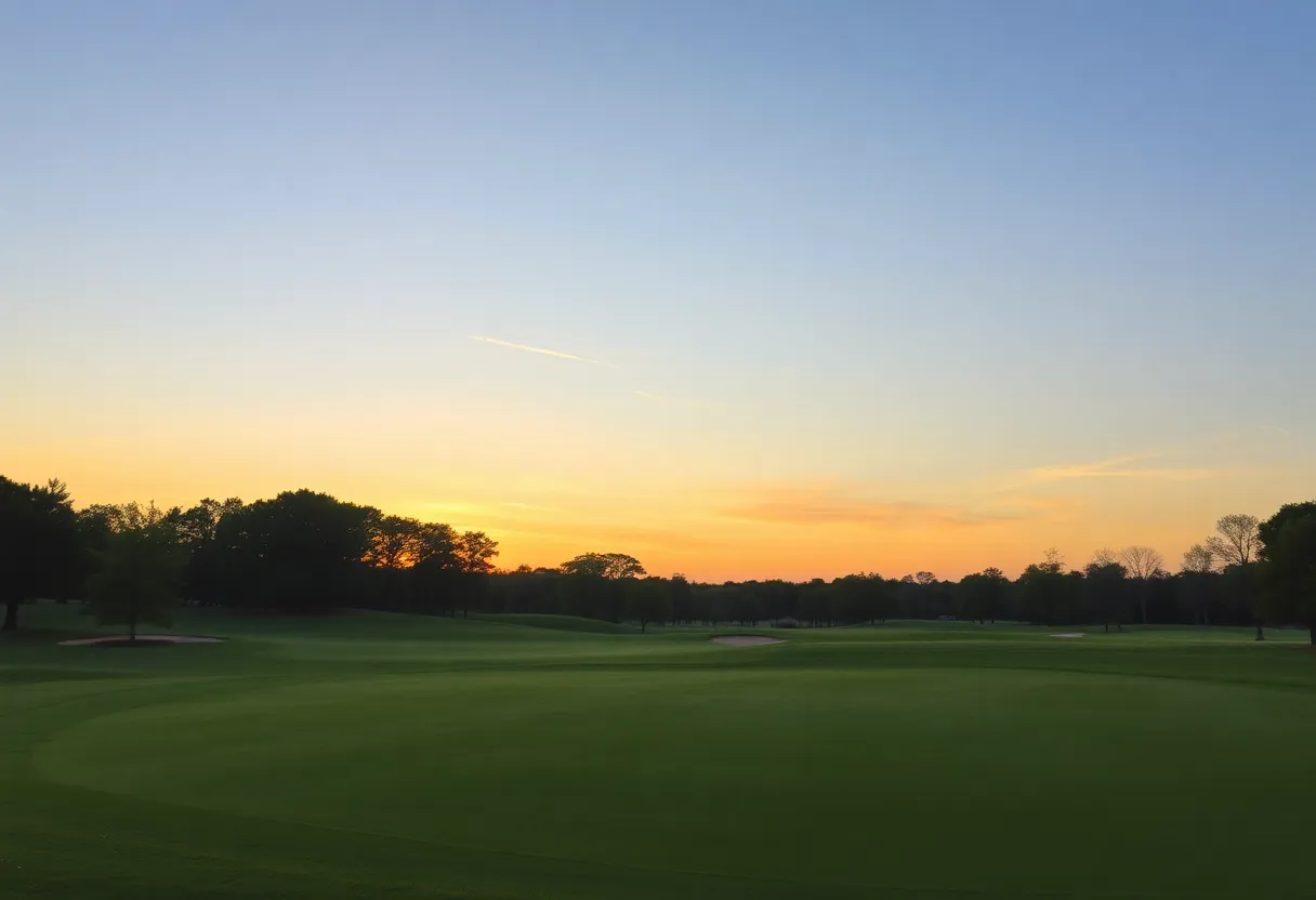 A tranquil landscape of a golf course at sunset.