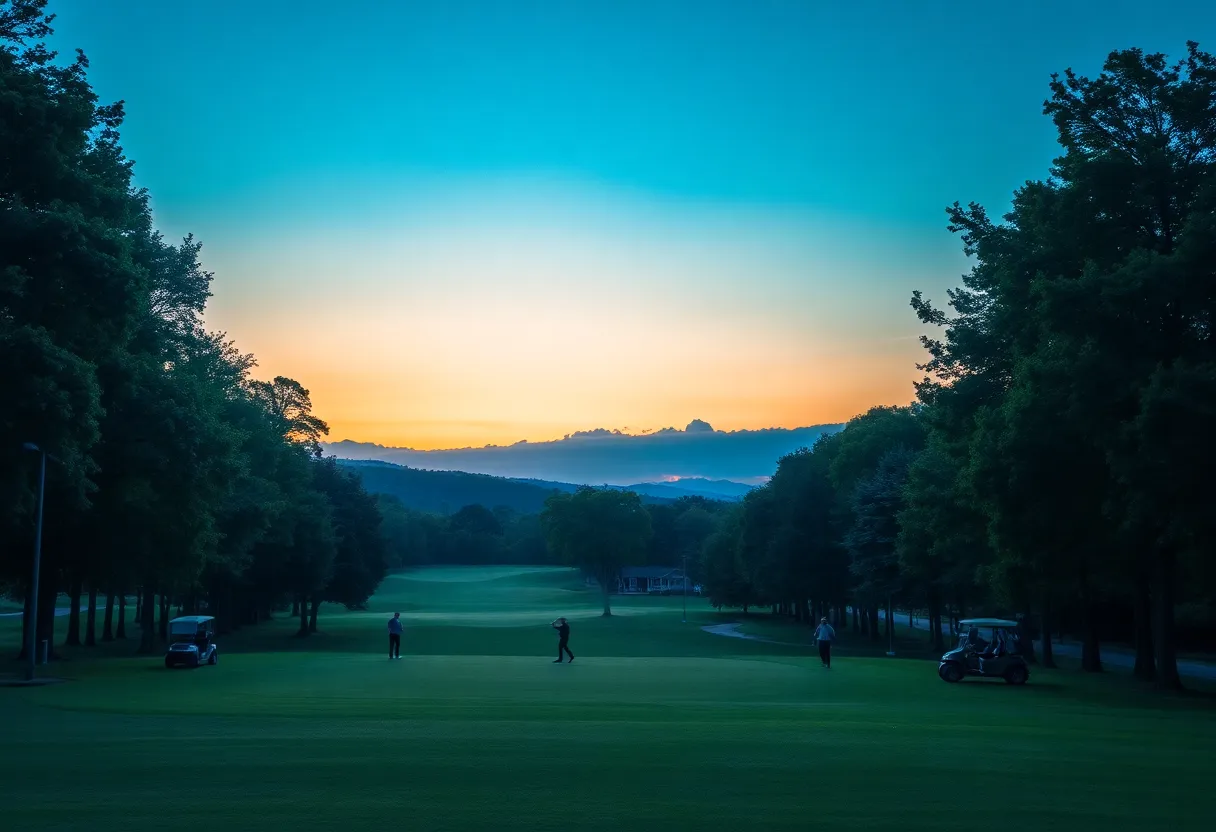 Sunset over a golf course with golfers playing