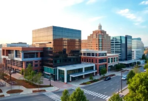 A view of Greenville, South Carolina with company buildings recognized in Forbes' rankings.