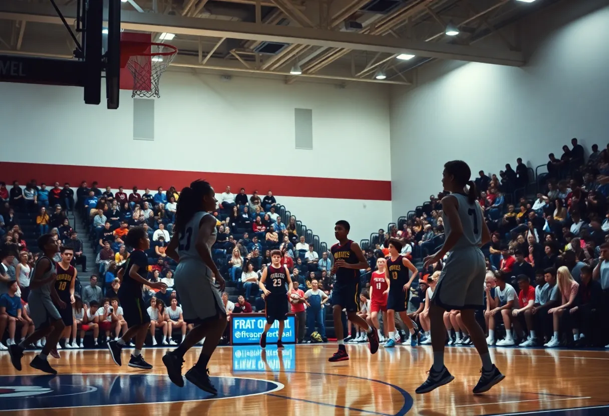High school basketball players in action during a game