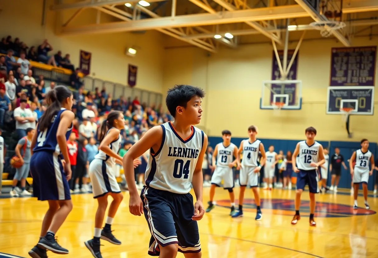 High school basketball players in action during a game.
