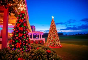 Festive holiday lights and a Christmas tree in Myrtle Beach with a golf course in the background.