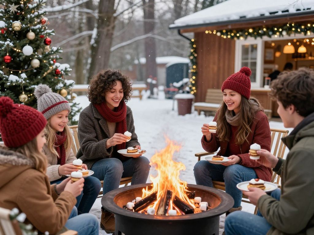 Families enjoying a festive brunch and s'mores around a fire pit