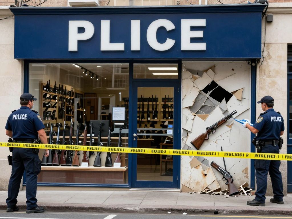 Damage to The Hunters Outpost storefront following burglary