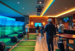 A vibrant indoor golf facility featuring simulators and a bar.