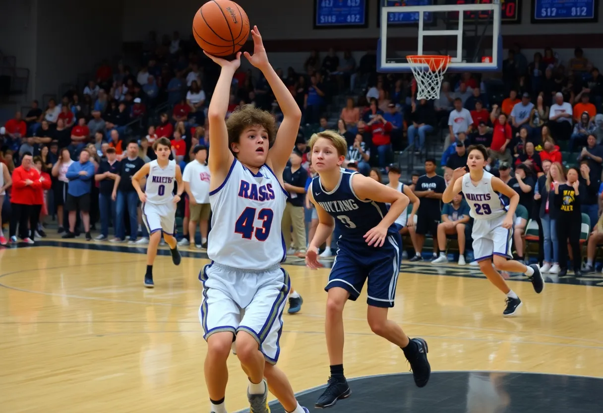 Students competing in a high school basketball game with an enthusiastic audience