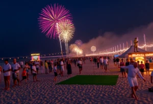Festive celebration in Myrtle Beach with fireworks and golf activities