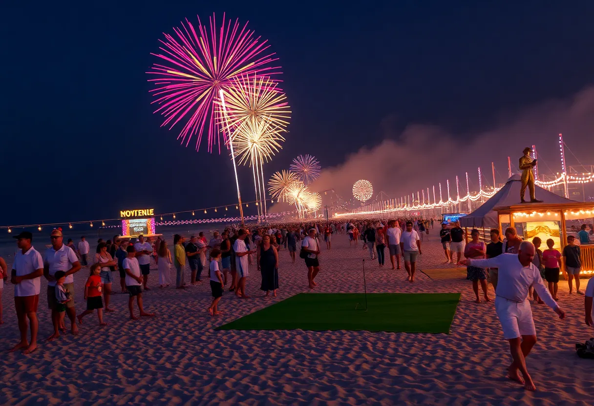 Festive celebration in Myrtle Beach with fireworks and golf activities