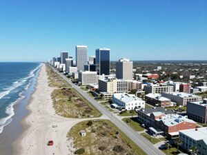 Aerial view of Myrtle Beach highlighting the city's coastline and skyline