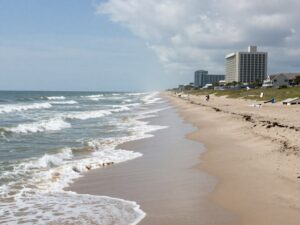 Scenic view of Myrtle Beach with a hotel in the background
