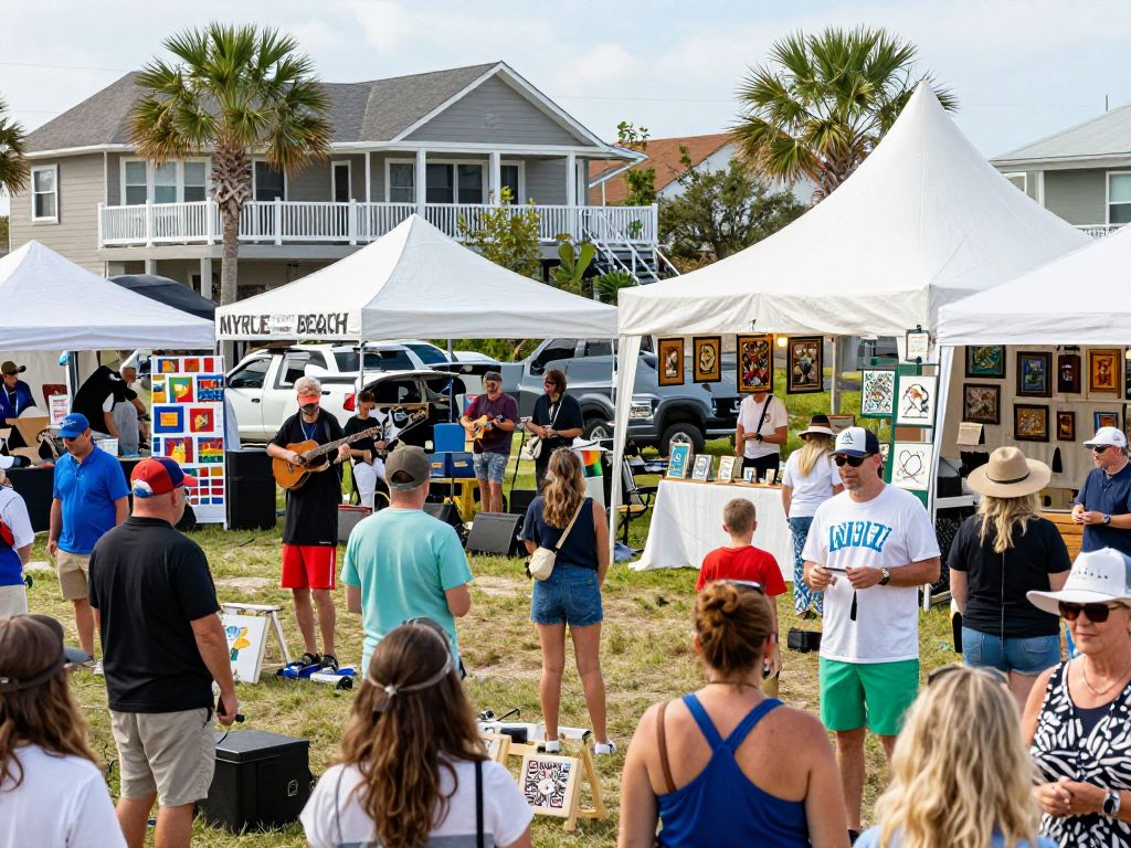 Community members enjoying a festival in Myrtle Beach with live music and food stalls.