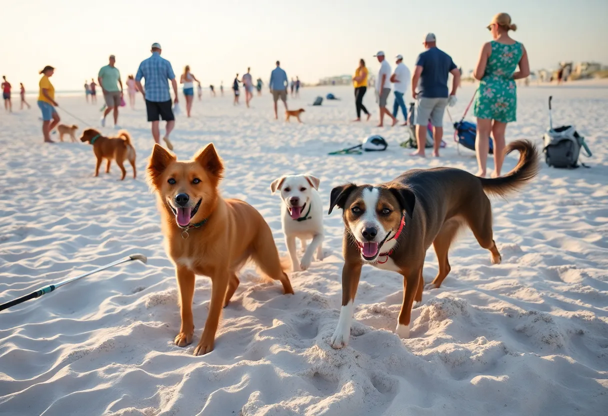 Dogs playing on Myrtle Beach with families and golf clubs in the background.