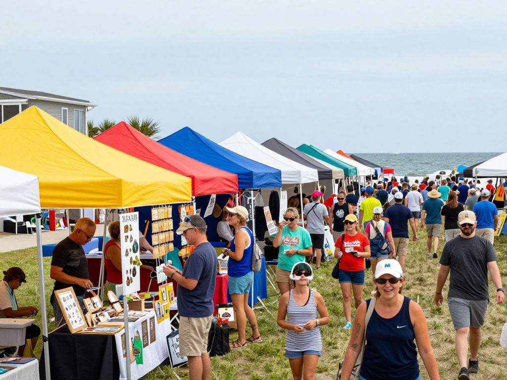 Scene of a lively Myrtle Beach festival with people celebrating and various activities.