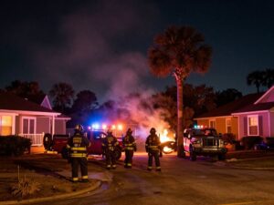 Firefighters battling a blaze in a Myrtle Beach neighborhood at night.