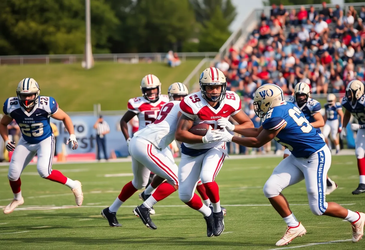 Football players in action on the field during a game highlighting athleticism and teamwork.