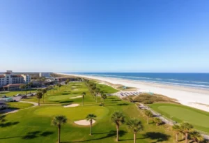 A scenic view of a golf course in Myrtle Beach with beaches and palm trees