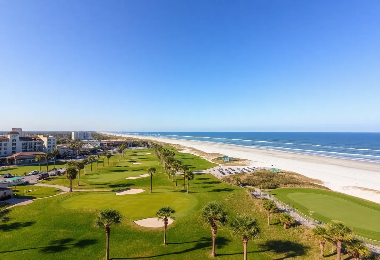 A scenic view of a golf course in Myrtle Beach with beaches and palm trees