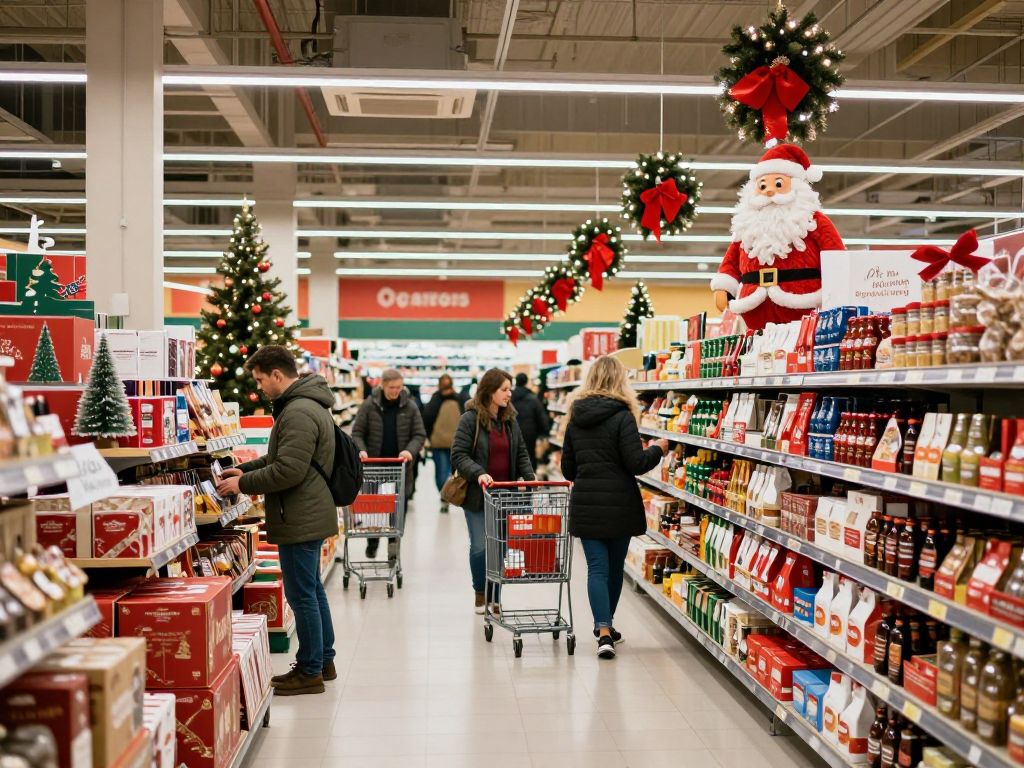 Grocery store filled with holiday decorations and shoppers in Myrtle Beach.