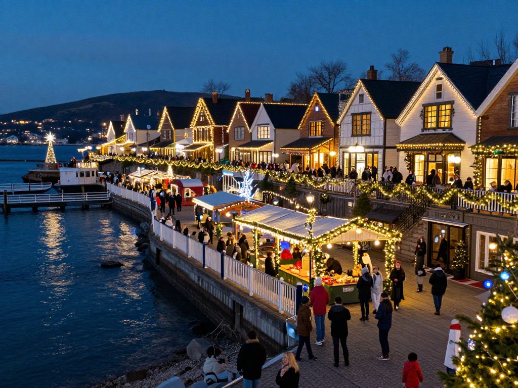 Festive holiday lights decorating Myrtle Beach coastline