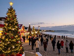 Decorative holiday lights on the beach during the holiday season