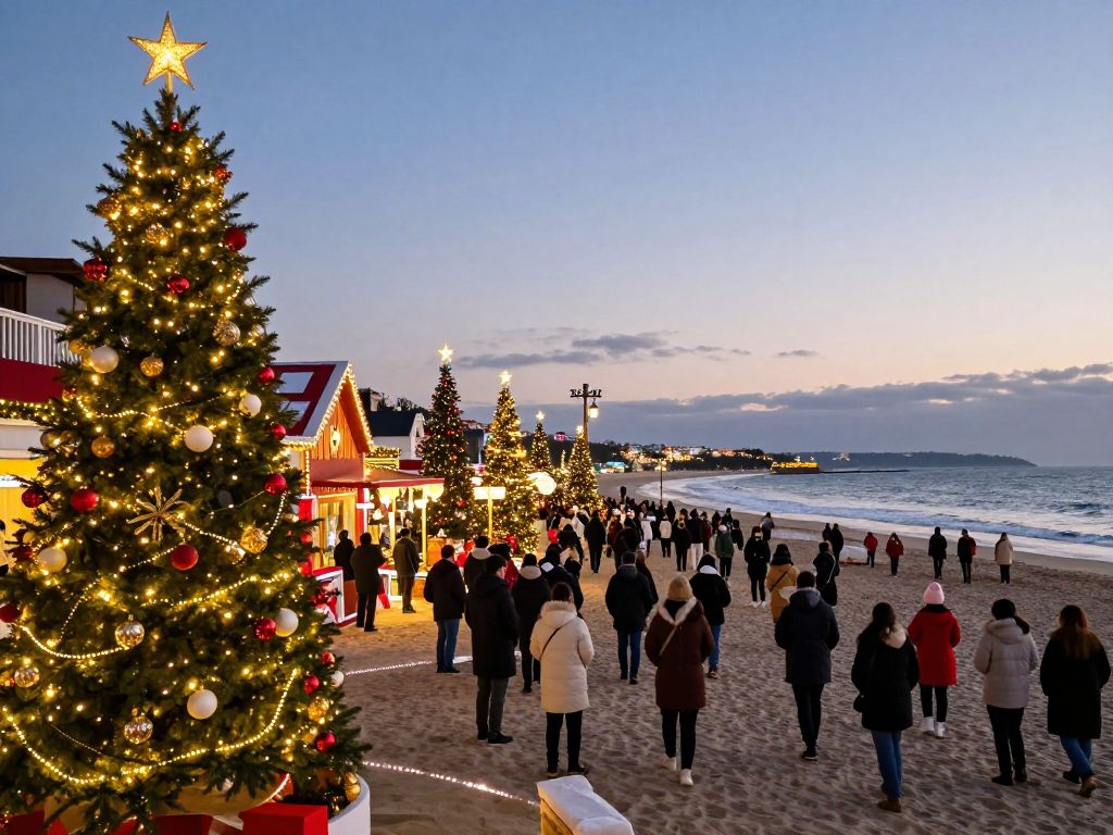 Decorative holiday lights on the beach during the holiday season